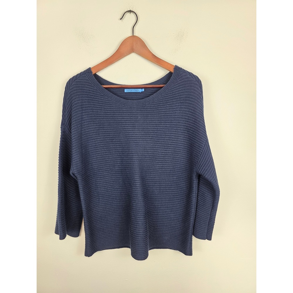 J.McLaughlin Navy Blue Ribbed Knit 3/4 Sleeve Sweater Crew Neck Medium